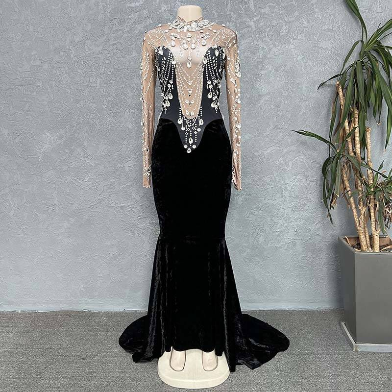 Women’s Clothing Elastic Velvet Fabric, Rhinestone, Sequin, Tassel, Sexy And Figure-hugging Custom Performance Costume Evening Dress_voghion.com