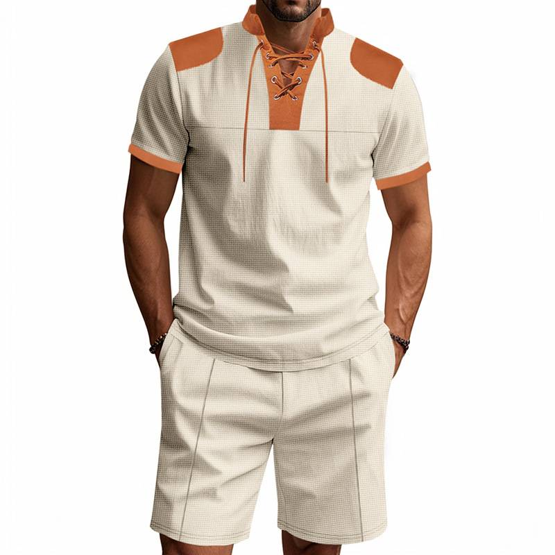 Waffle Herren Sommer Casual Tethered Henry Kurzarm Shorts Anzug_voghion.com