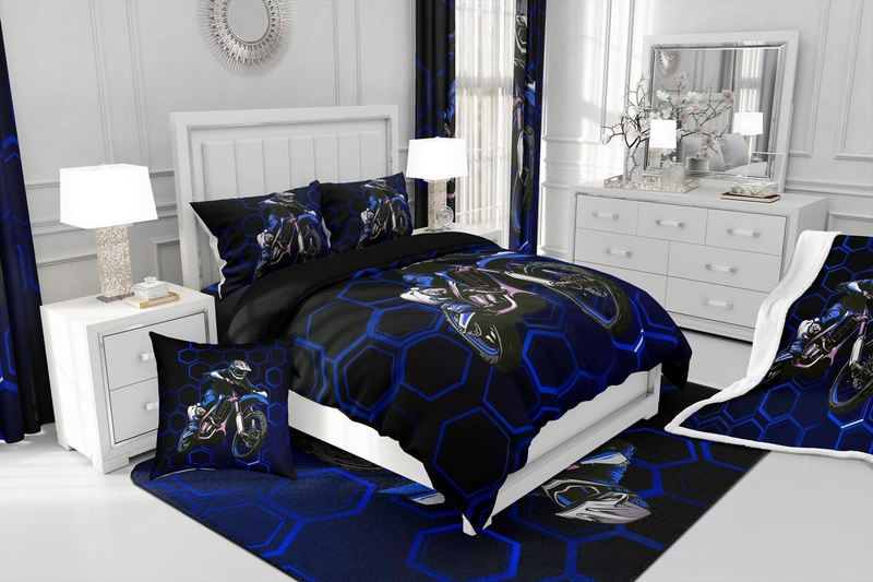 Blaues Dirtbike-Bettbezug-Set, Doppelgröße für Kinder, Jungen, Teenager, Schlafzimmer, sechseckiges Wabenbettwäsche-Set, geometrischer Extremsport-Bettbezug mit_voghion.com