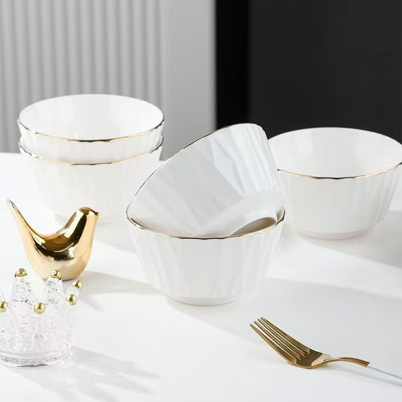 Keramische huishoudelijke hoge esthetische Scandinavische rijstkom Nieuw in soepkom Goudkleurige rand Serviesgoed Eenvoudige en luxe eetkom_voghion.com