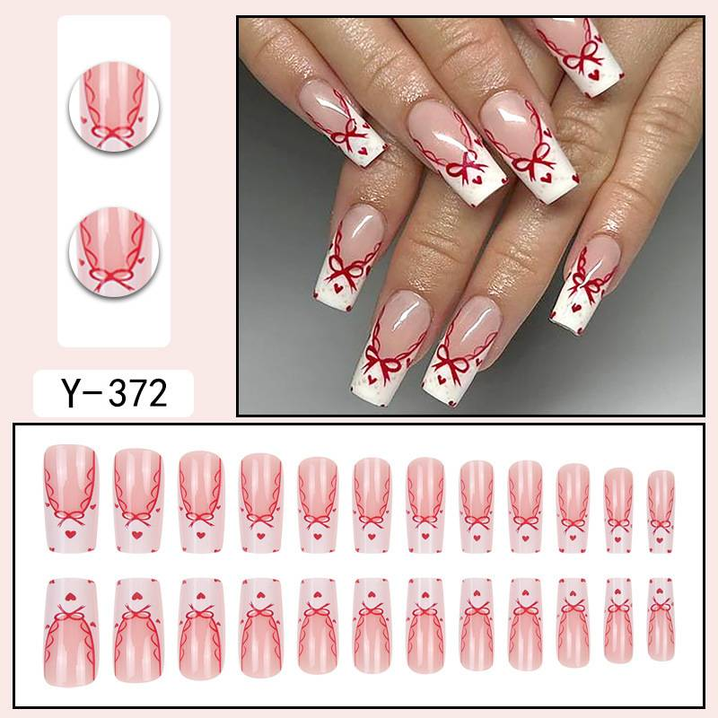 Eleganti unghie finte con fiocco alla francese – Unghie finte dolci e alla moda per le donne, unghie finte riutilizzabili con opzioni colla/gel_voghion.com