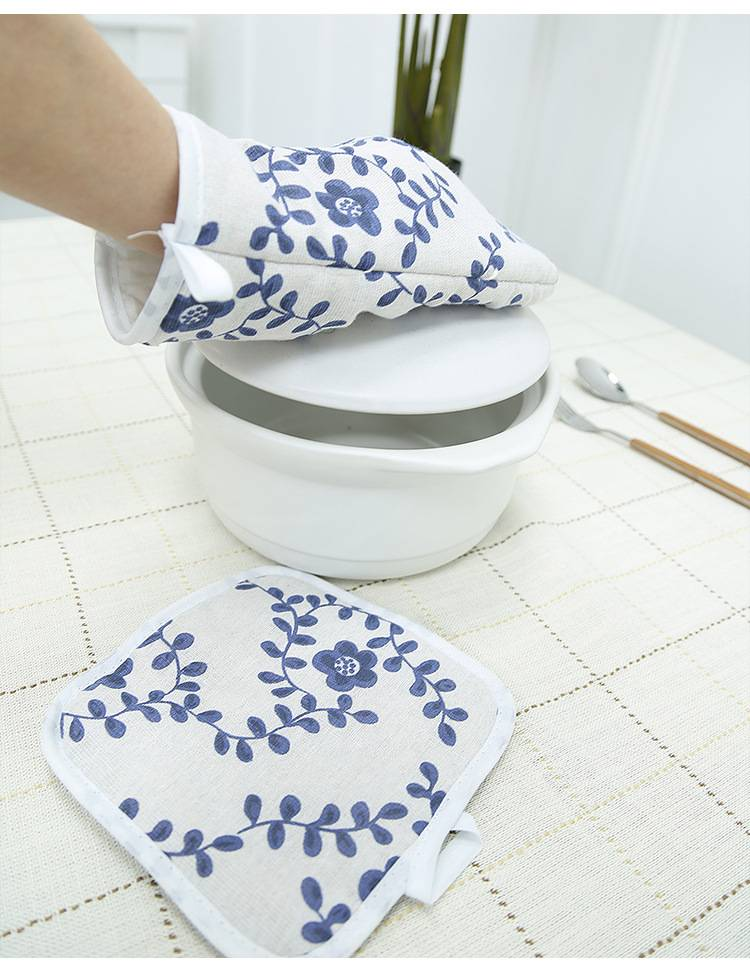 Bohemian Style Microwave Oven Gloves Set - Heat Resistant Cotton Linen Mitts With Geometric Leaf Print (26cm Length, 18cm Width, Washable)_voghion.com