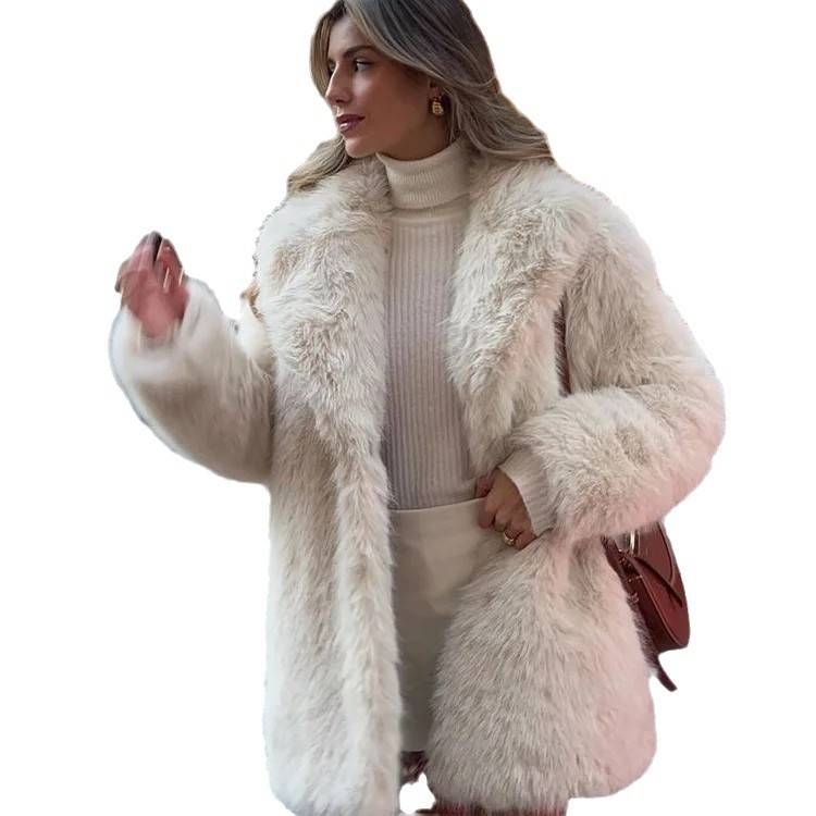 Damenmantel aus mittellangem Kunstfuchspelz – Weicher & flauschiger Wintermantel (Reis-Aprikose, S-XXL)_voghion.com