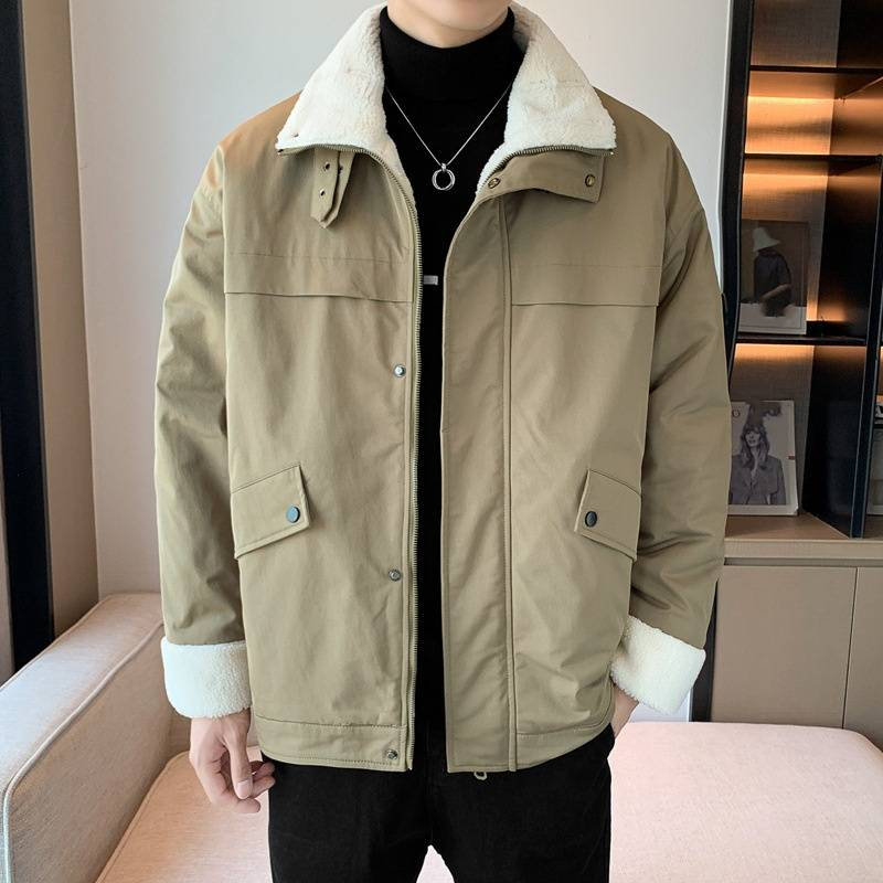 Unisex Heavyweight Fleece-Lined Jacket – Stand Collar Winter Coat With Zip Pockets & Thermal Polyester Fill (M-5XL, Black/Moss Green)_voghion.com