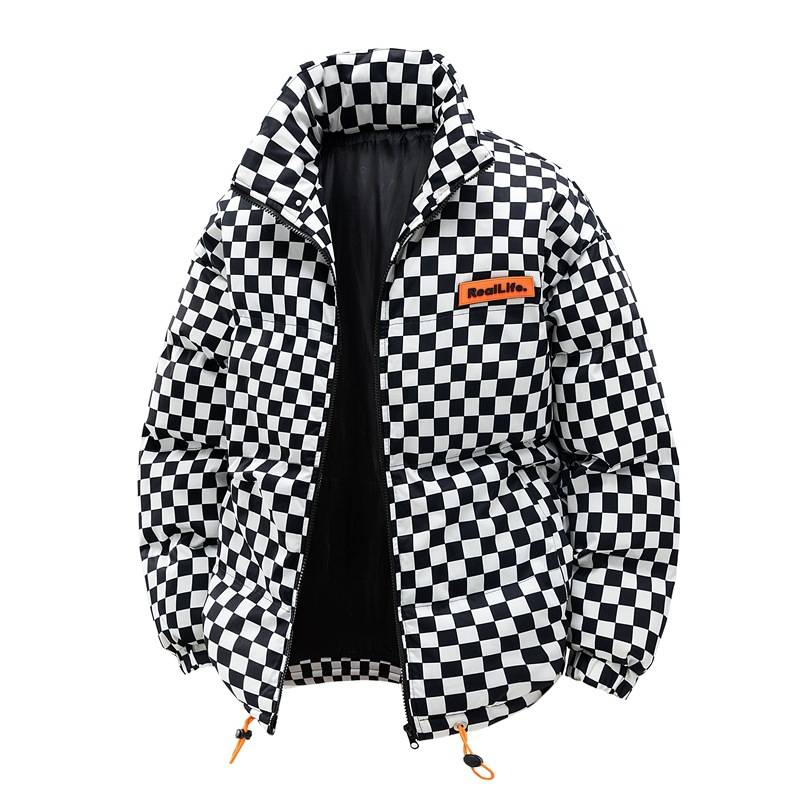 Unisex Winter Padded Coat With Stand Collar - Loose Fit Plaid Jacket For Men & Women (Green/Black)_voghion.com