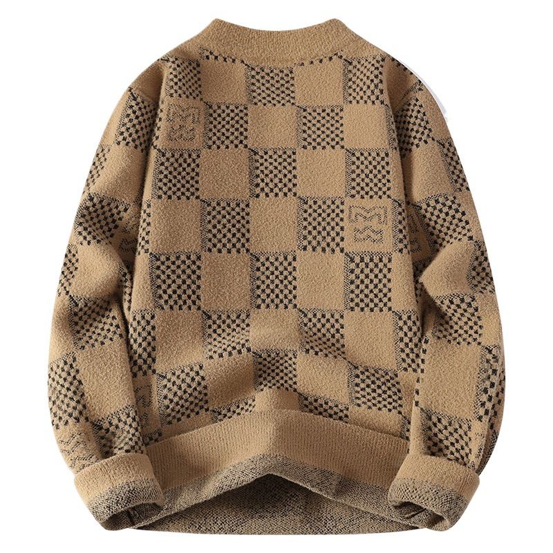 Men’s Chunky Knit Turtleneck Sweater - Oversized Pullover With Embroidered Badge (Black/Red/Khaki/Dark Green)_voghion.com