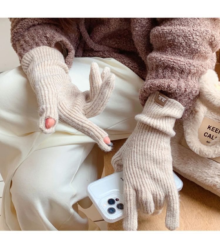Bamboo powder extended version with wool, popular knitting, exposed fingers, gloves, women's Korean winter warm riding_voghion.com