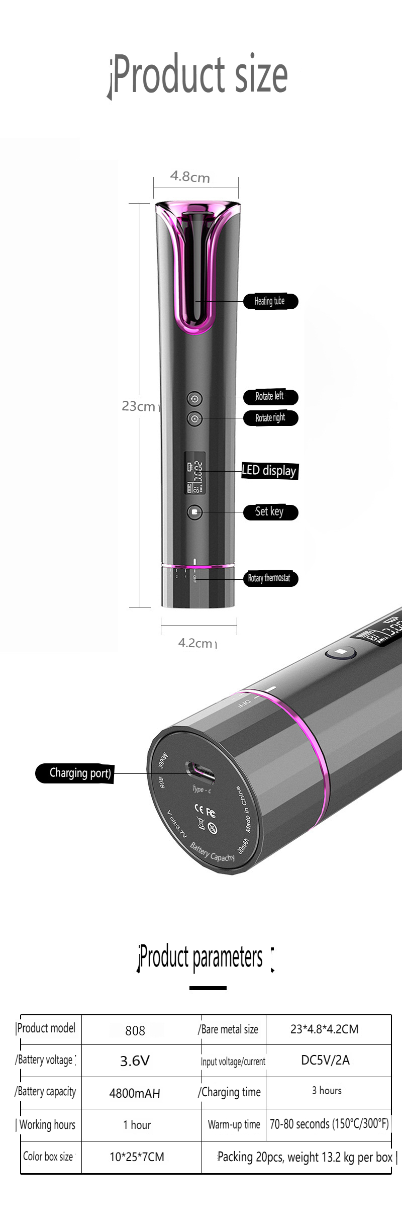 Drahtloses Friseurartefakt für zu Hause, LCD-Digitalanzeige, tragbar, über USB wiederaufladbar, automatischer Lockenstab_voghion.com