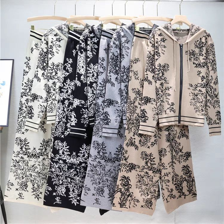 Kadınlar için kadın moda örme takım elbise kapüşonlu kazak geniş bacak pantolon iki parçalı set modaya uygun_voghion.com