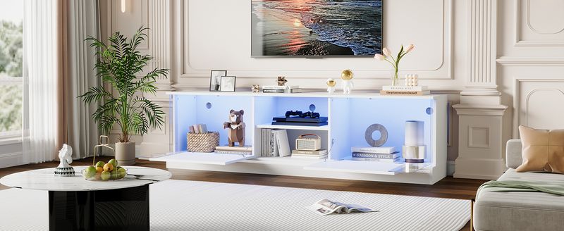 Meuble TV blanc brillant pour téléviseurs jusqu'à 70 pouces, console multimédia sur pied avec éclairage LED, centre de divertissement pour salon_voghion.com