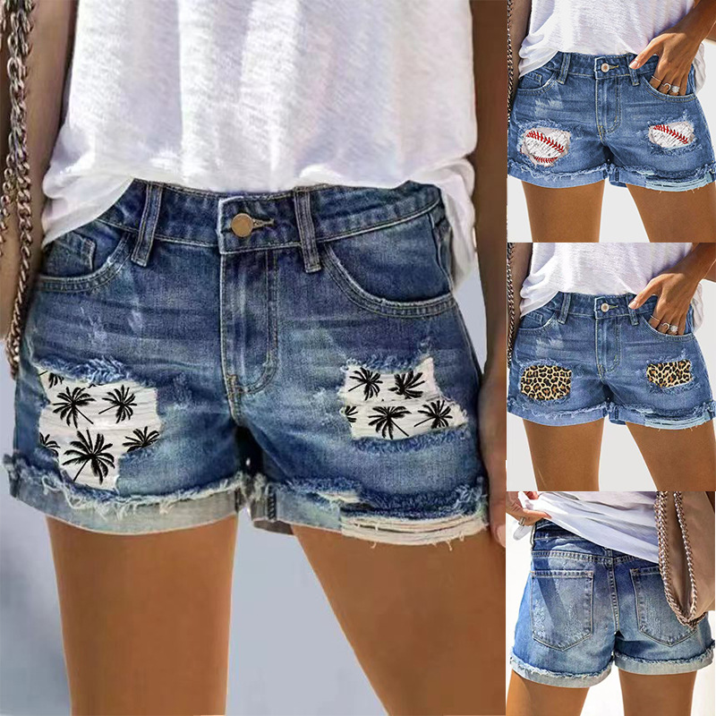 2023 High Waist Perforierte Jeans Damen Street Trendy Patch Bedruckte Denim Shorts_voghion.com