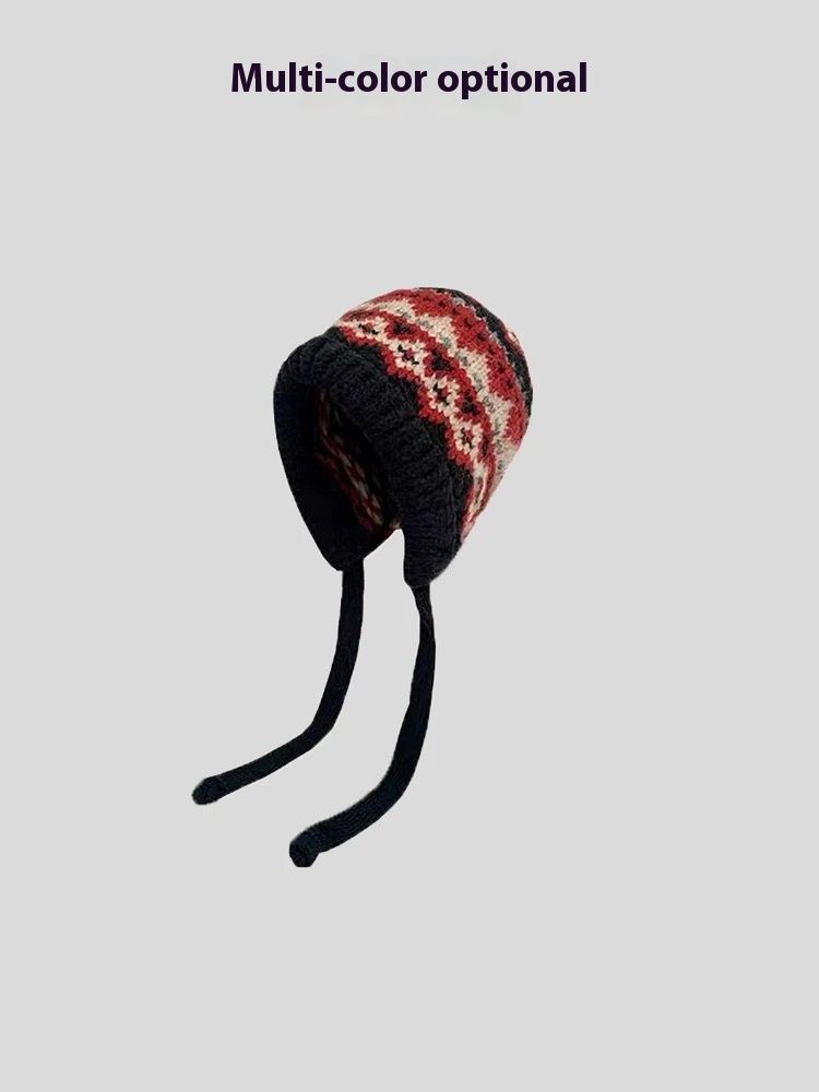 Cappello in lana lavorato a maglia a righe in stile etnico per autunno e inverno, spesso e caldo, protezione per le orecchie anti-freddo, versatile cappello freddo_voghion.com