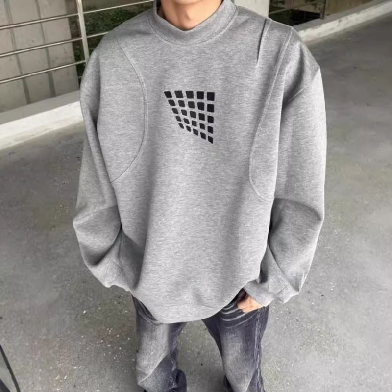 Grauer Rundhals-Hoodie für Herren im Frühling und Herbst, neue High-End-High-Street-Retro-Langarm-Innenjacke_voghion.com