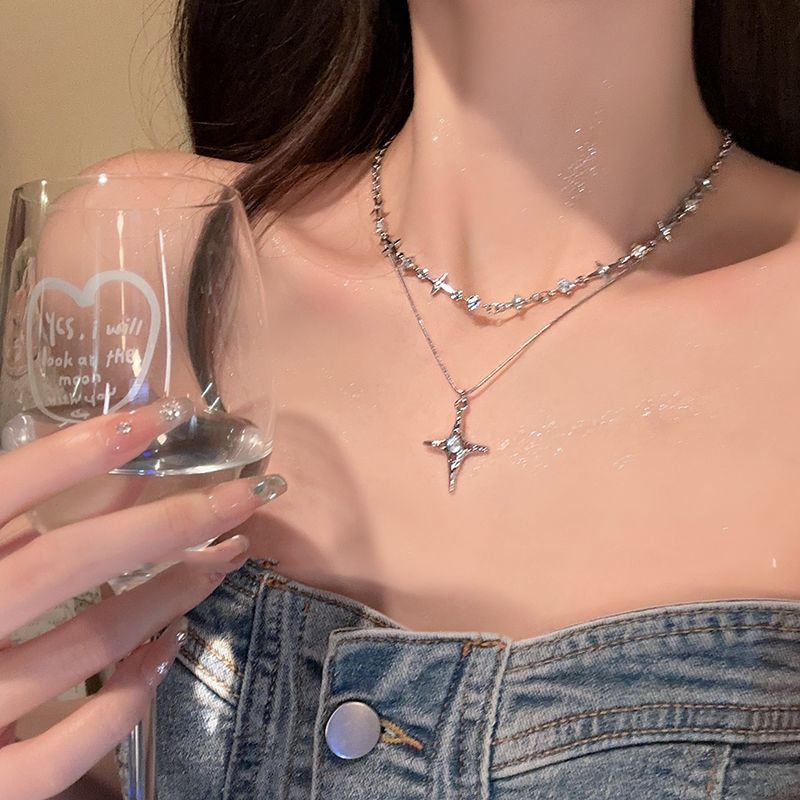 Collana da donna in argento sterling S925 con zirconi esagrammati e non sbiadisce, nuova catena a clavicola a strati._voghion.com