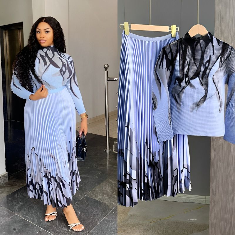 Ensemble élégant avec robe plissée et motif ondulé - Tenue deux pièces élégante pour femme, tenue de bureau et tenue décontractée_voghion.com