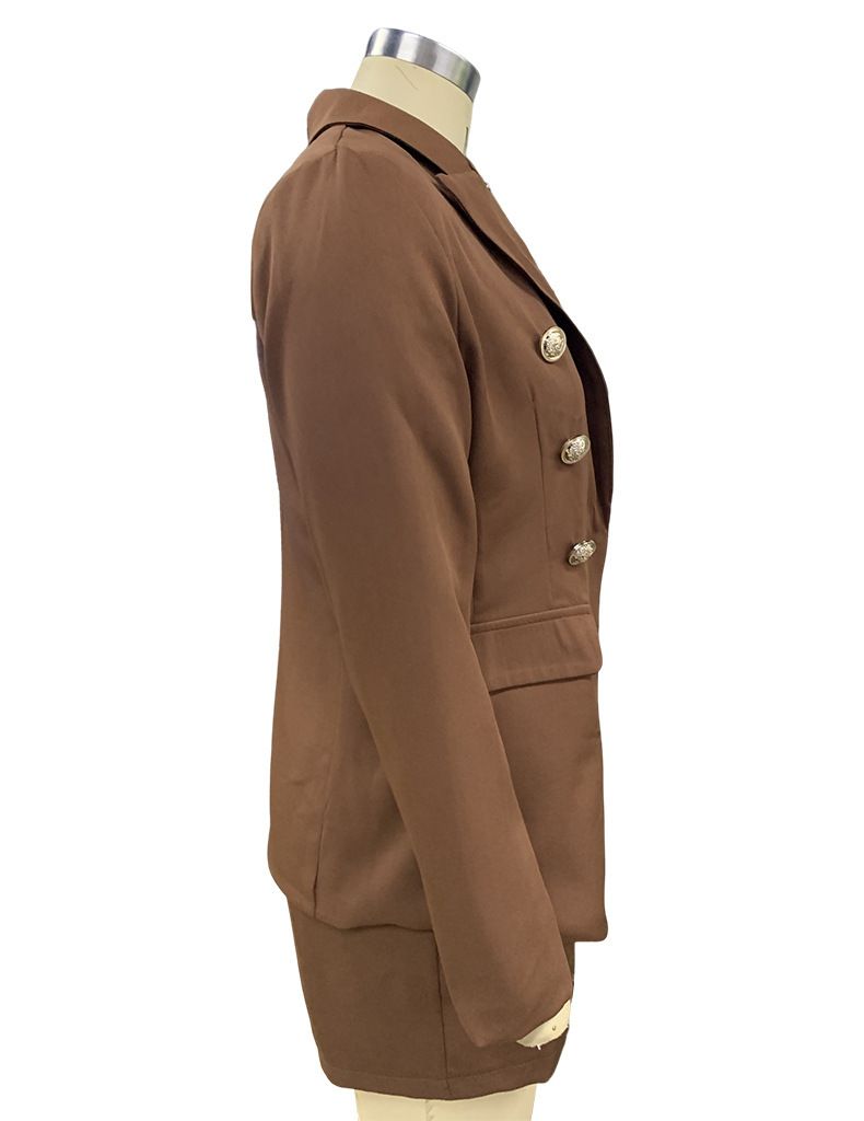 Elegantes Damen-Set aus Langarm-Blazer und Shorts – Bürokleidung aus Stretch-Polyester (Einheitsgröße, Schwarz/Braun/Pink, bequeme Passform)_voghion.com