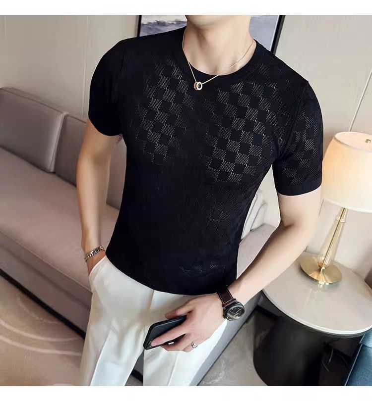 Maglione estivo a maniche corte da uomo, in seta ghiacciata traforata, a quadri, traspirante, slim fit, per attività commerciali._voghion.com