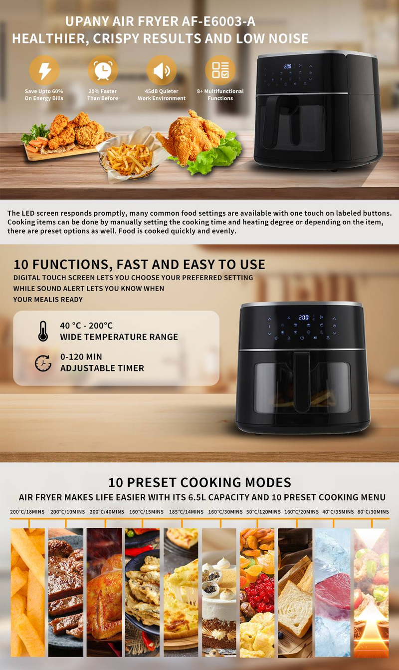 Upany 10-in-1-Heißluftfritteuse, 6,5 l, 360°-Hochgeschwindigkeits-Luftzirkulation, ölfrei und gesünder, großer Touchscreen, einfach und leicht zu bedienen_voghion.com