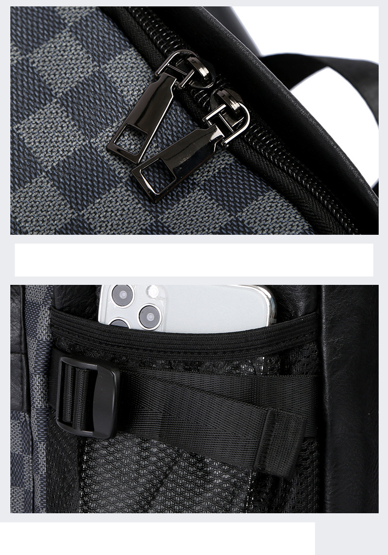 Mochila de viaje a cuadros para hombre, moderna y versátil, de cuero, para la escuela y la computadora._voghion.com