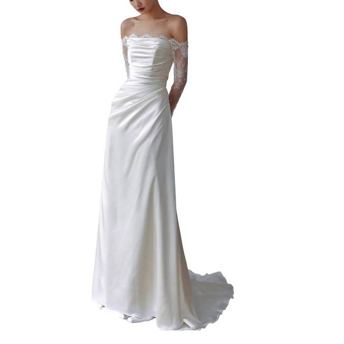 Women's Clothing One Shoulder Light Wedding Dress With Temperament And Trailing Forest Style Travel Photography Simple Long Sleeved Dress_voghion.com