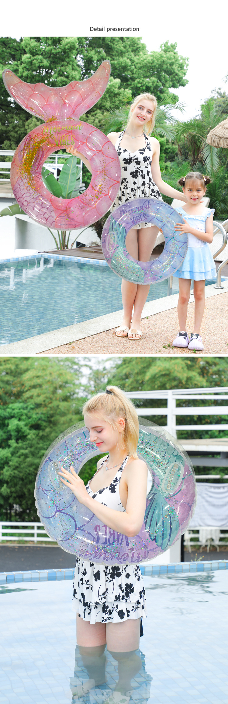 Double-Layer PVC Mermaid Swim Ring For Kids 6-12 Years - Thickened Arm Float With Handles & Glitter Scales (Includes Air Pump & Repair Patch)_voghion.com