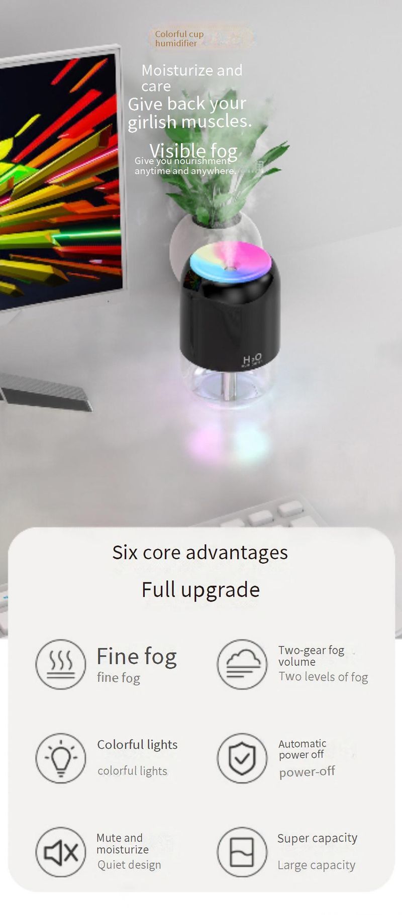 Umidificatore USB ultra silenzioso con diffusore di oli essenziali e luce notturna per casa, ufficio, auto - Grande capacità 500 ml, 3 colori (_voghion.com