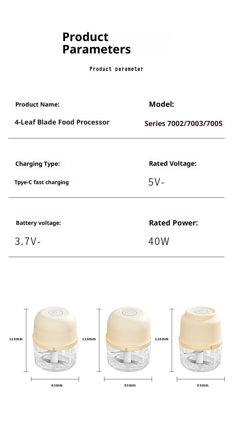 Mini tritatutto elettrico a 4 lame – Ricaricabile tramite USB-C per aglio, carne e alimenti per bambini, motore da 200 W, bicchiere in vetro da 300 ml (modalità a impulsi, lavabile in lavastoviglie)_voghion.com