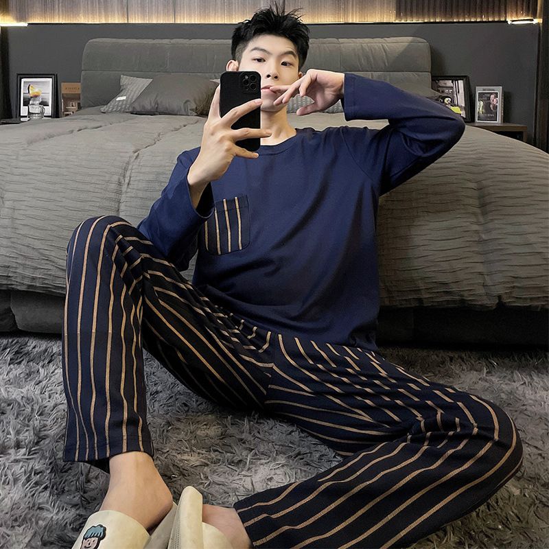 Double pocket sleepwear men's long sleeved autumn and winter cotton striped Korean version can be worn outside_voghion.com