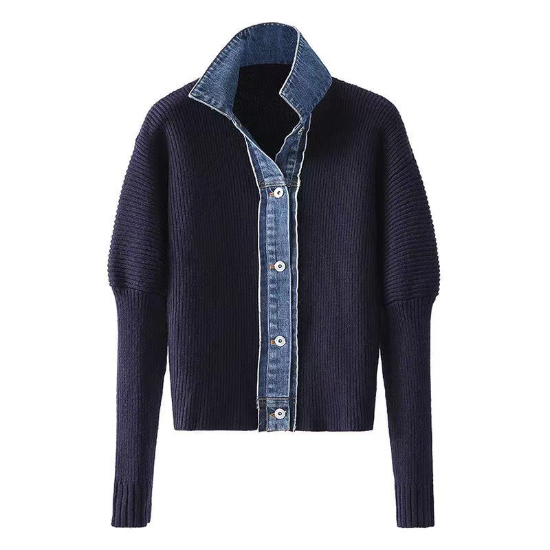 Lose Denim-Spleißstrickjacke für Damen mit Polokragen, Strickjacke_voghion.com