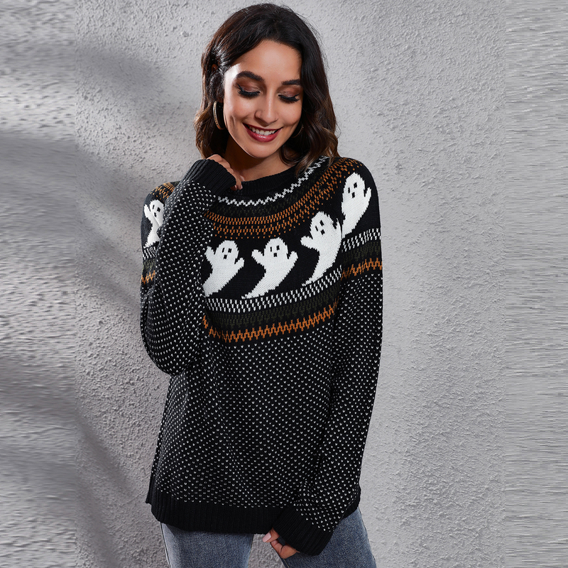 "Maglione oversize a pois con maniche a lanterna e motivo fantasma di Halloween Y2K 2025 | Streetwear per festival europei"_voghion.com