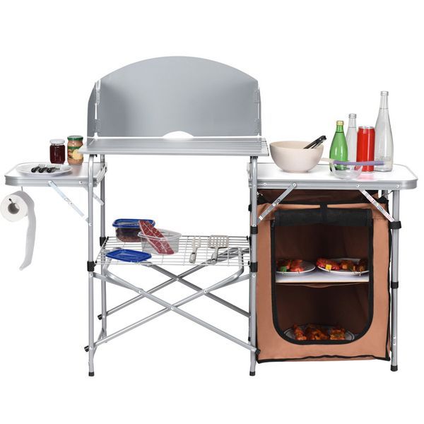 Foldable Outdoor BBQ Portable Grilling Table With Windscreen Bag_voghion.com