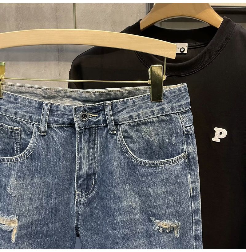 Herrenbekleidung Sommer Straight Washed Shorts Retro Ripped Denim Shorts Mittellange Hose Beliebte Hose_voghion.com