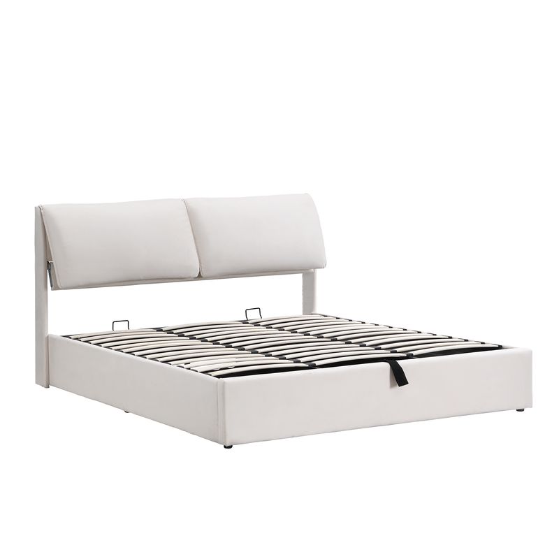 Cadre de lit coffre hydraulique rembourré en velours avec 3 tiroirs, sommier à lattes, beige, 180 x 200 cm, matelas non inclus_voghion.com