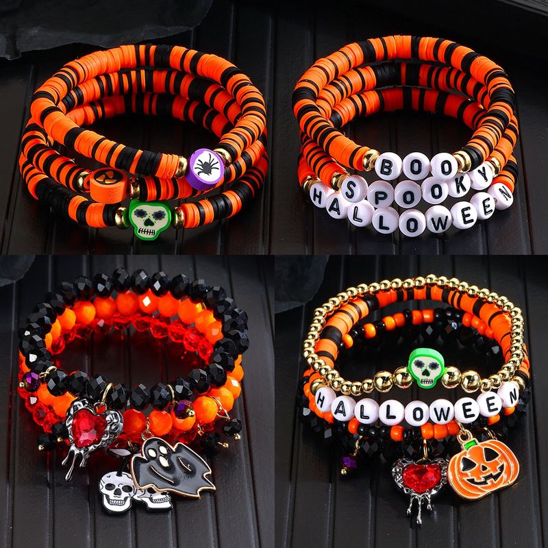 Halloween-Schmuck, Maskerade-Schmuck, erschreckendes Schmuckset, Reisperlen, Orange-Serie, Kürbis-Totenkopf-Anhänger, Halloween-Perlenarmband_voghion.com