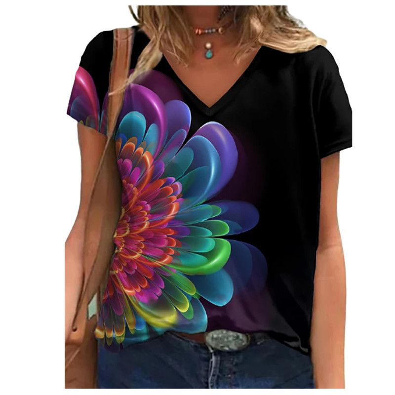 2022 Zomer 3D Digitaal Geprint Korte Mouw V-hals Los Type Dames T-shirt_voghion.com