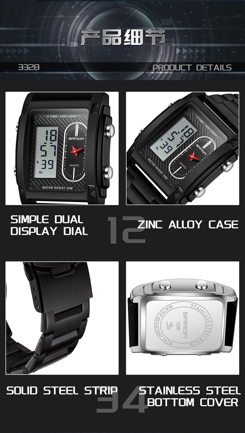 Orologio al quarzo da uomo con doppio display, cinturino in acciaio inossidabile, impermeabile, analogico digitale, orologio elettronico al quarzo alla moda e versatile_voghion.com