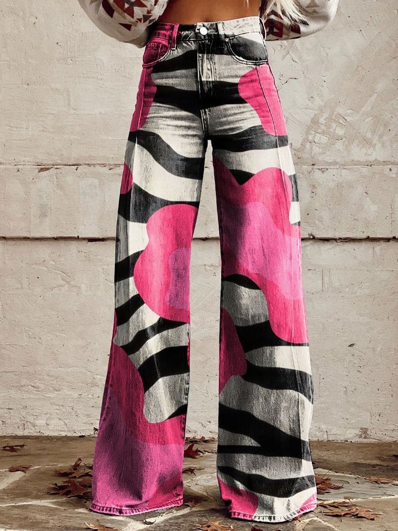 Trendy Plus Size Women's Printed Flare Pants - Stretch Denim-Like Wide Leg Trousers With 3D Patterns, Comfortable & Stylish Casual Wear_voghion.com