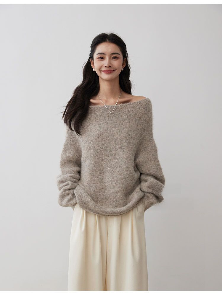 Minimalistische Winter Soft Alpaka Wolle Off-Shoulder Lose Strickpullover Mode_voghion.com