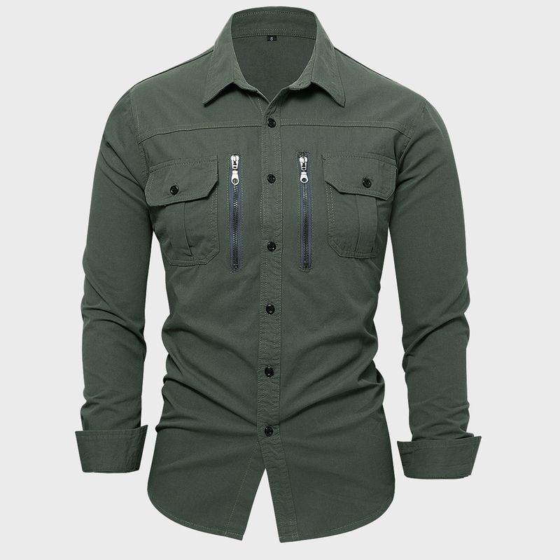 Unbeatable Quality 2024 Autumn New Men's Workwear Zipper Decoration Long Sleeved Plain Color 100 Cotton Shirt 119_voghion.com