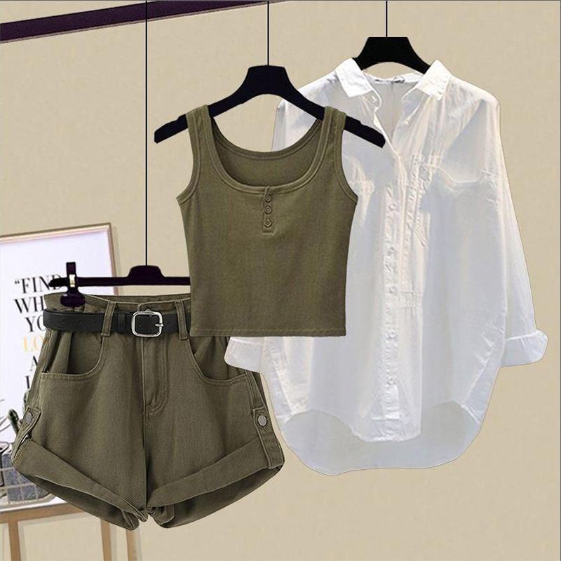 Audday Sommer-Outfit im koreanischen Stil für Damen, modisch, vielseitig, neues weißes Hemd mit Weste und Jeansshorts, dreiteiliges Set_voghion.com