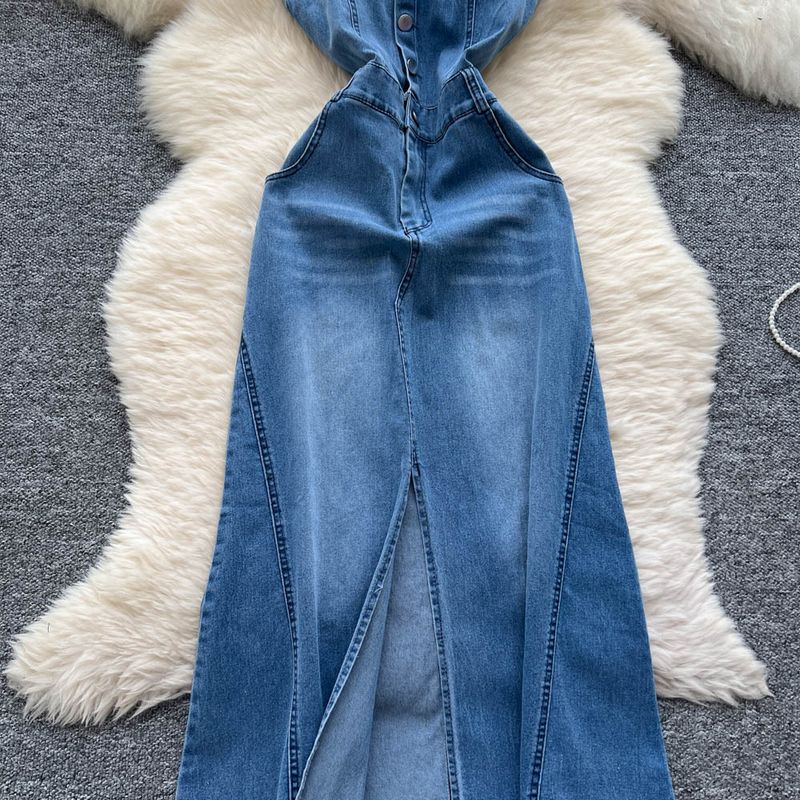 Abito monopetto in denim con bretelle in vita, stile maturo leggero, di alta qualità, da donna_voghion.com