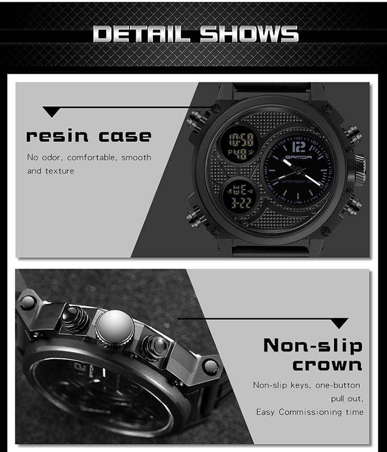 SANDA LED Digital Sport Watches 50m Waterproof Electronic Wristwatch Three Time Display Quartz Watch for Men Alarm Clock_voghion.com