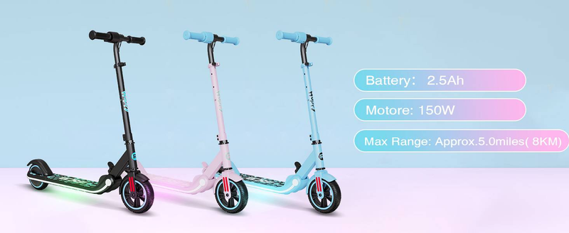 RCB R11 Elektroroller für Kinder im Alter von 6–12 Jahren, 150 W, 21,6 V, 2,6 Ah Akku, max. 16 km/h, bunte LED-Leuchten, LED-Display, faltbar_voghion.com