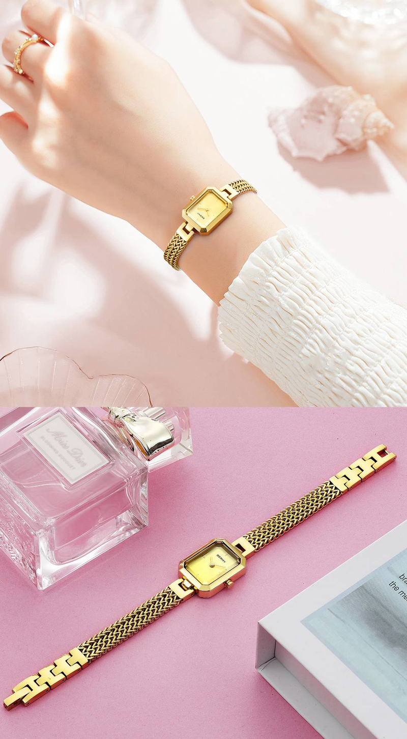 BERNY Small Gold Watches For Women Dainty Luxury Ladies Analog Quartz Bracelet Watch Rectangular Case Stainless Steel Waterproof Minimalist Wristwatch_voghion.com