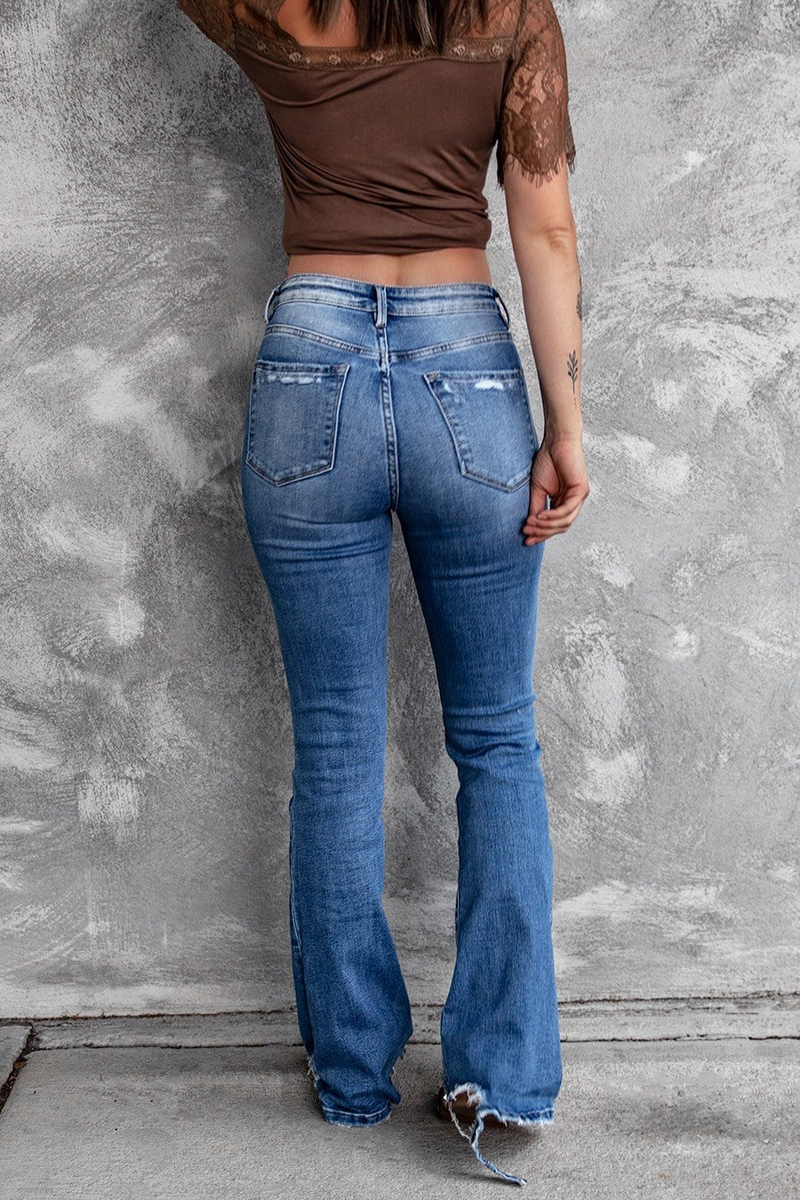 Jeans aderenti a vita alta, elastici, retrò, aderenti, da donna, con fondo a campana, strappati_voghion.com
