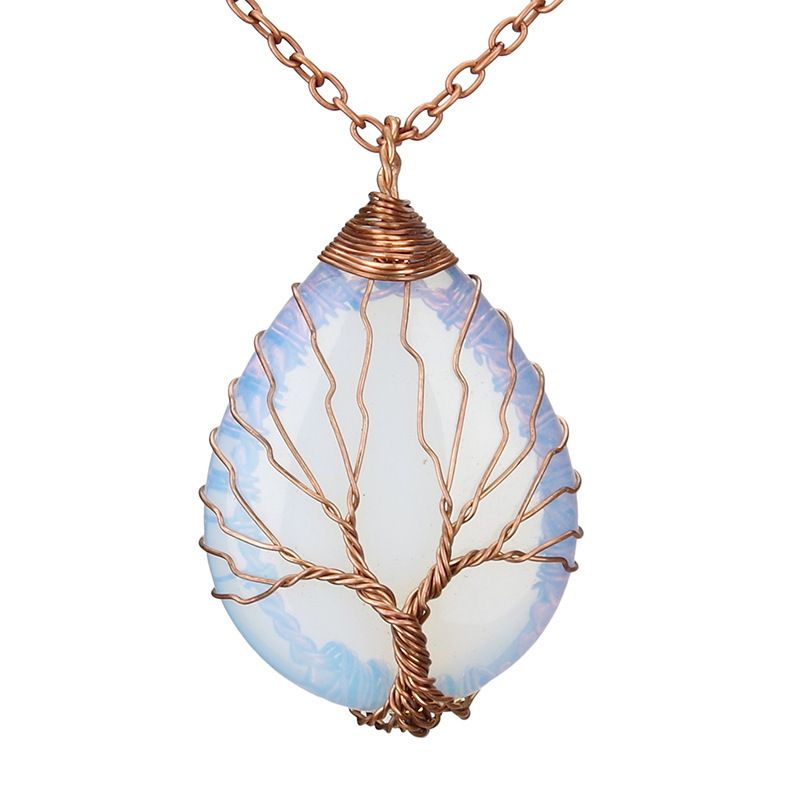 Large Tree Of Life Crystal Pendant Necklace - Hand-Wrapped Silk Cord With Water Drop Raw Stone For Boho & Spiritual Jewelry_voghion.com