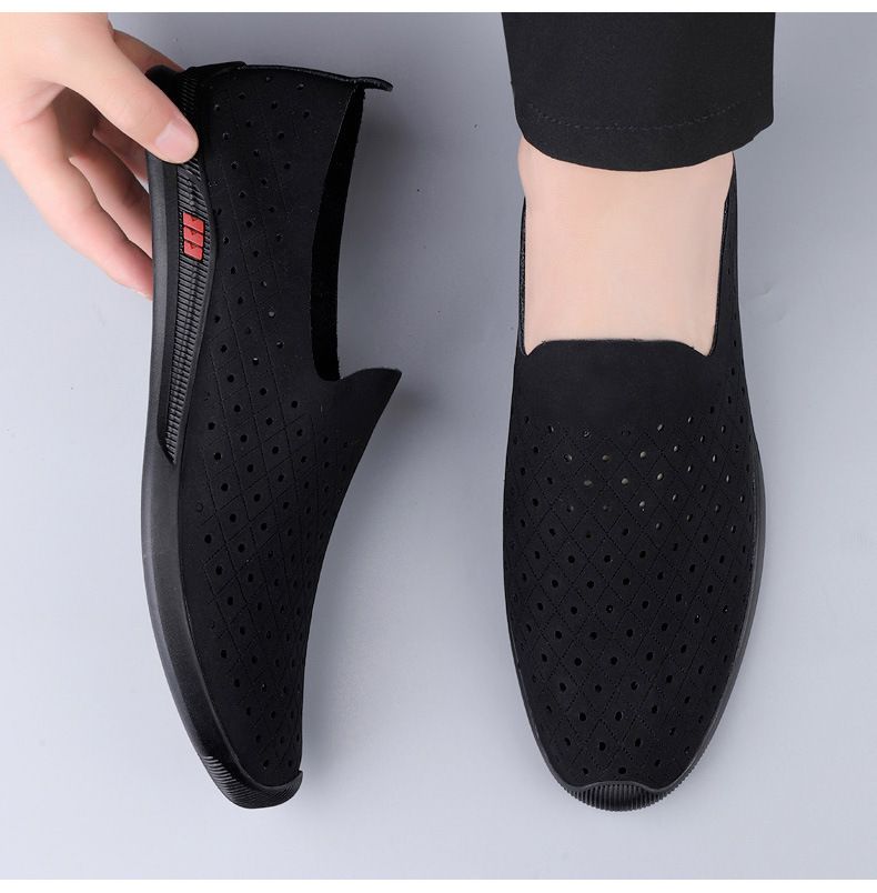 Summer New Hollow Breathable Casual Men's Shoes Doudou Shoes Cow Two-layer Leather British Casual Lazy Loafers_voghion.com