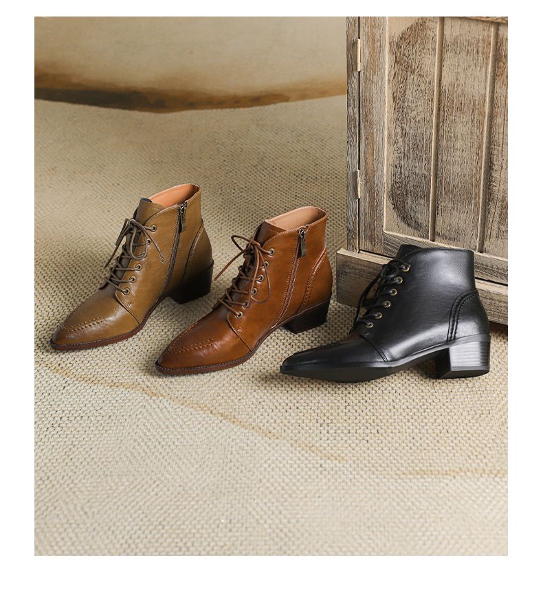 French Pointed Toe Chunky Booties Female New Arrival Shoelace Leather Martin Fall And Winter Ankle Slim Looking Mid Heel_voghion.com