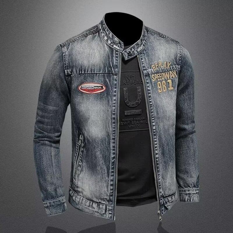 Men's Clothing Men's Denim Jacket Casual Retro Large Size Stand Collar Zipper Jacket Cycling Motorcycle Wear Trendy_voghion.com