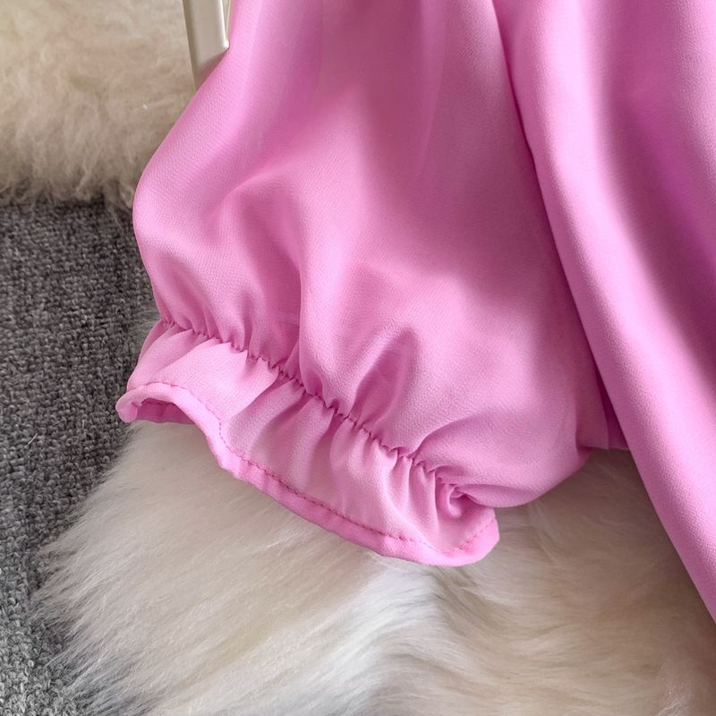 Completo due pezzi da donna con stampa leopardata, aderente, a vita alta, con scollo rotondo, manica a sbuffo, motivo floreale tridimensionale e temperamento retrò_voghion.com